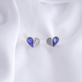 Blue Crystal Heart Stud Earrings